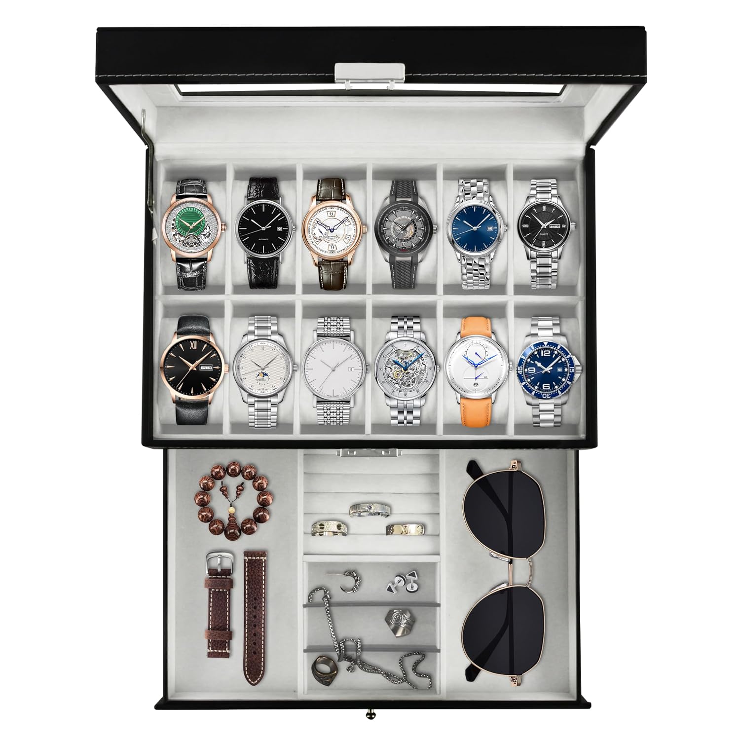 12 Slot Lockable Watch Box, Black