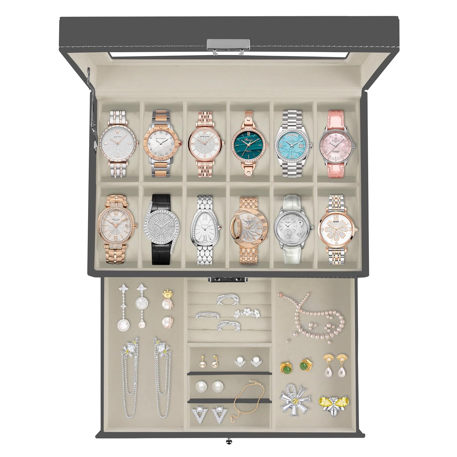 12 Slot Lockable Watch Box, Gray