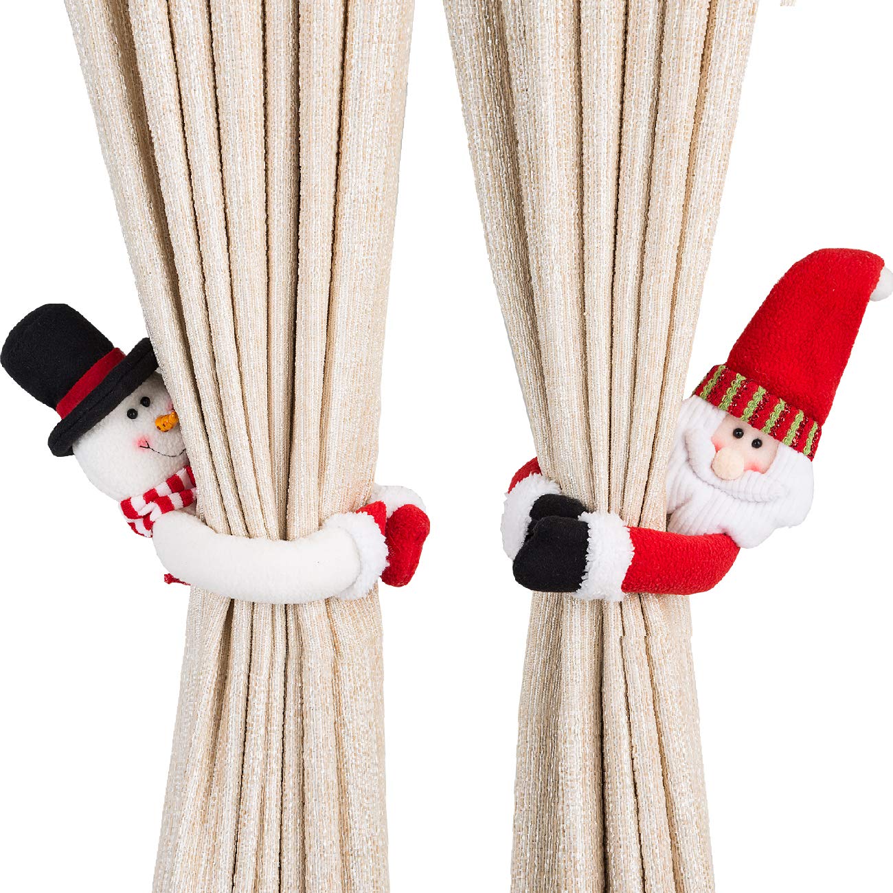 Santa and Snowman Curtain Buckle Dolls, Pair