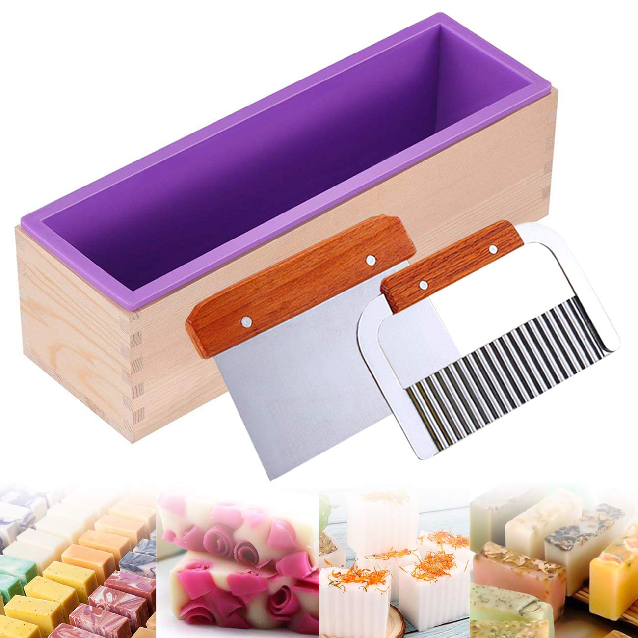 Soap Loaf Mold Kit with Wood Box and Two Cutters, Purple